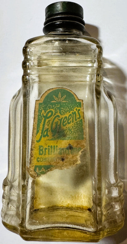 Vintage La Green's Brilliantine Bottle | Art Deco Pressed Glass Hair Grooming | 1930s–1950s 🧴