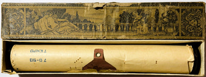 Vintage player piano roll in decorative box with classical illustration on lid; cream-colored roll labeled "Black Hawk Waltz"