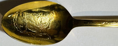 Wm. Rogers Mfg. Co. Presidents Series Thomas Jefferson commemorative spoon, full view showing gold-wash silverplate finish.