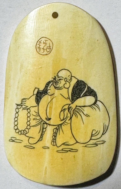 Antique Qing Dynasty Ox Horn Budai Pendant ✨ Chinese Laughing Buddha Talismanic Amulet, Good Fortune Charm