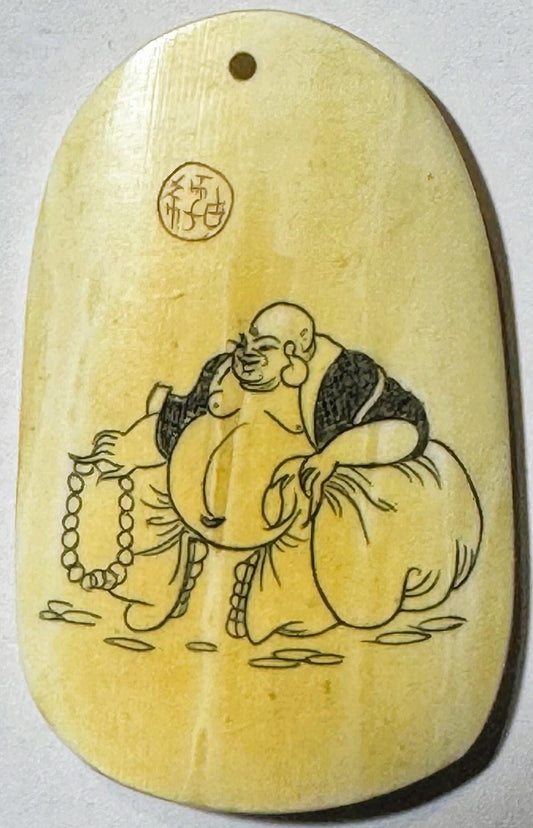 Antique Qing Dynasty Ox Horn Budai Pendant ✨ Chinese Laughing Buddha Talismanic Amulet, Good Fortune Charm