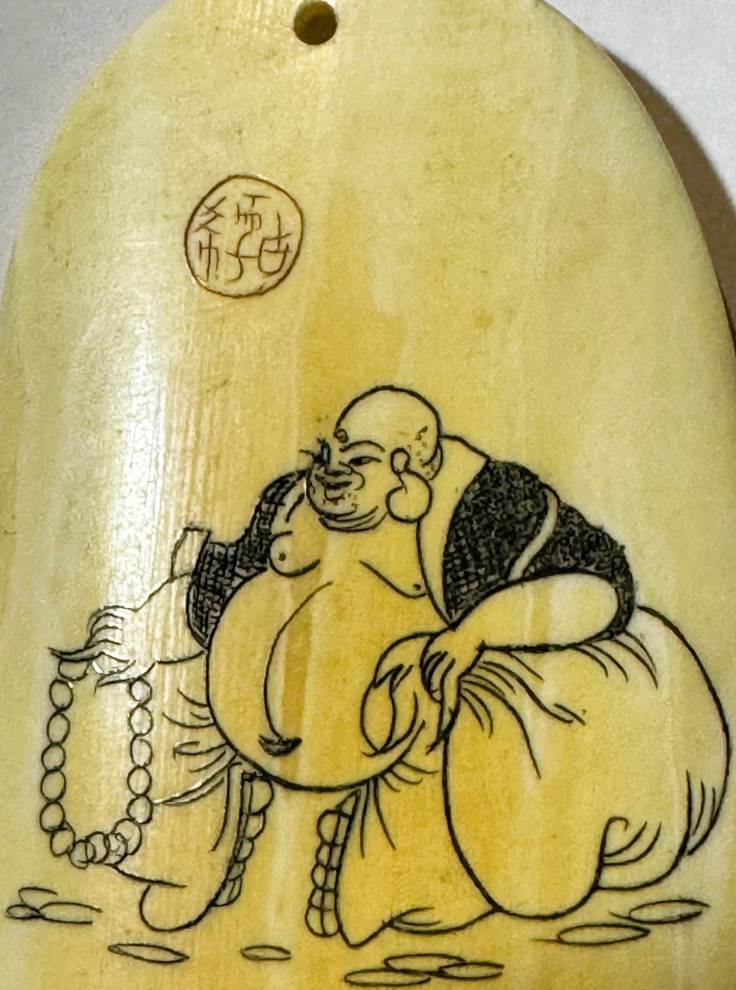 Antique Qing Dynasty Ox Horn Budai Pendant ✨ Chinese Laughing Buddha Talismanic Amulet, Good Fortune Charm