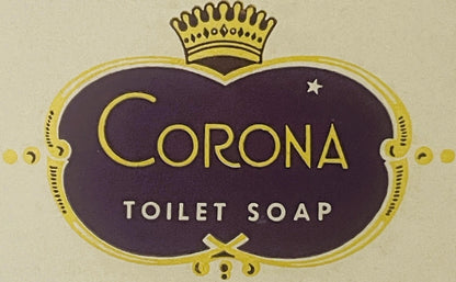 Corona Toilet Soap label: a gold crown over a purple cartouche edged in gold, CORONA in Art Deco letters, Manhattan Soap Co., Inc., New York