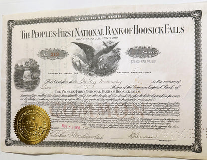 Vintage stock certificate from Peoples-First National Bank of Hoosick Falls, NY, featuring an eagle emblem, ornate borde