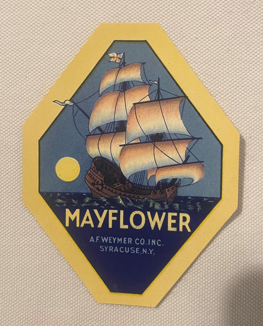 Antique Mayflower Broom Label 🧹 NOS 1920s A.F. Weymer Co. Syracuse NY Nautical Sailing Ship American Made