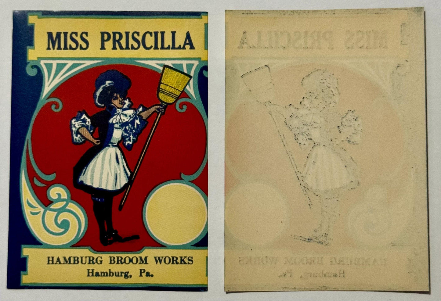 Vintage broom label featuring stylized woman in blue dress holding broom against red circular background.