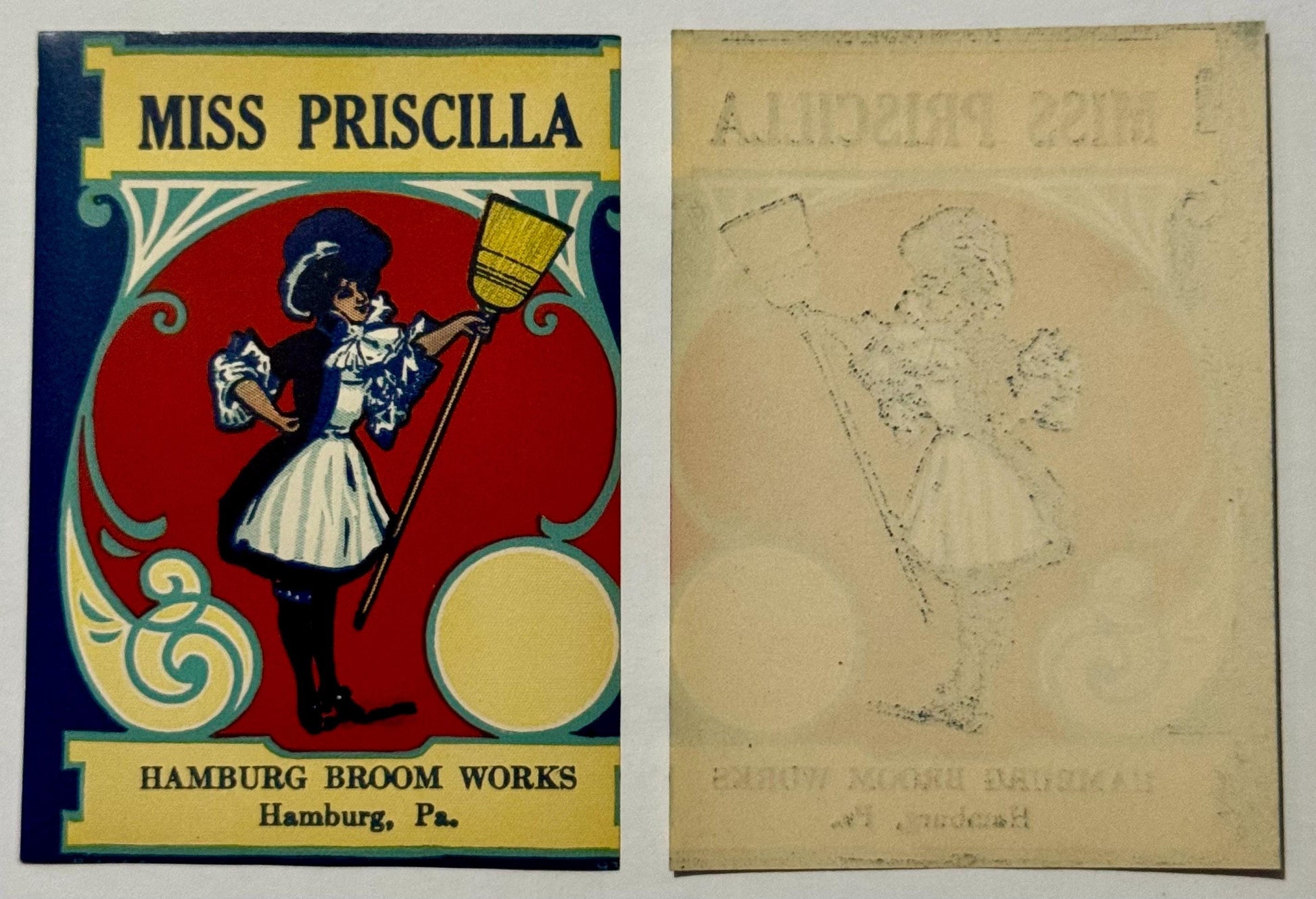 Vintage broom label featuring stylized woman in blue dress holding broom against red circular background.