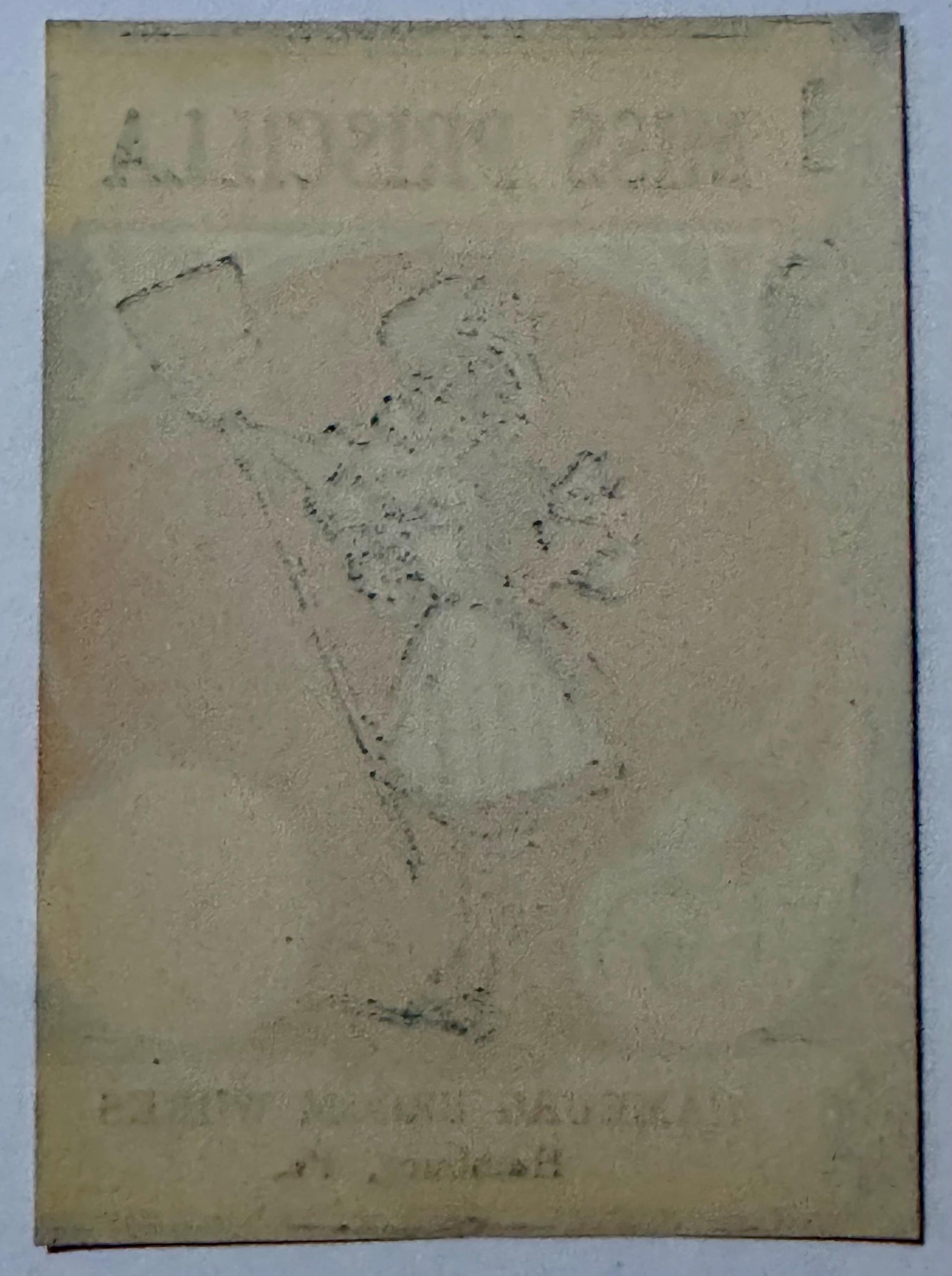 Aged cream paper with faint pencil sketch of woman's face and shoulders.
