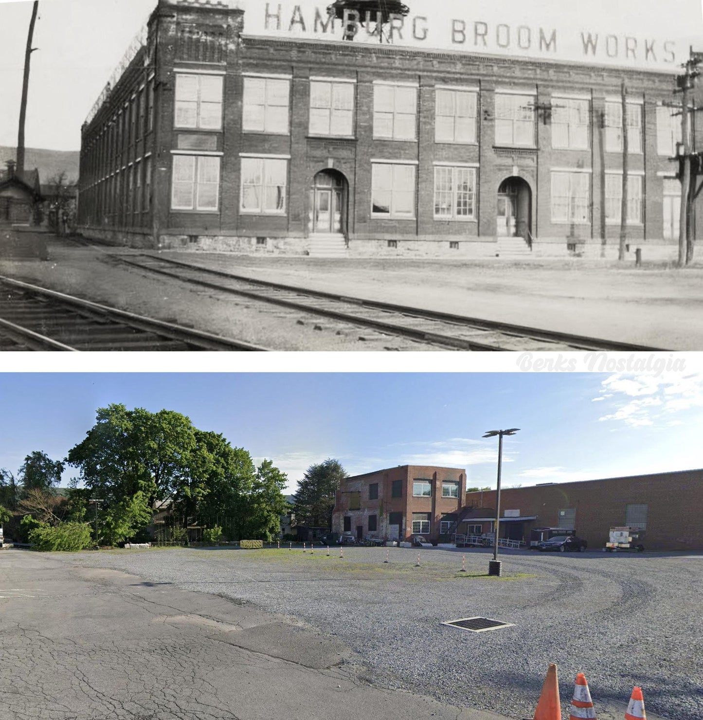 Hamburg Broom Works brick factory building with large windows, then and now comparison.