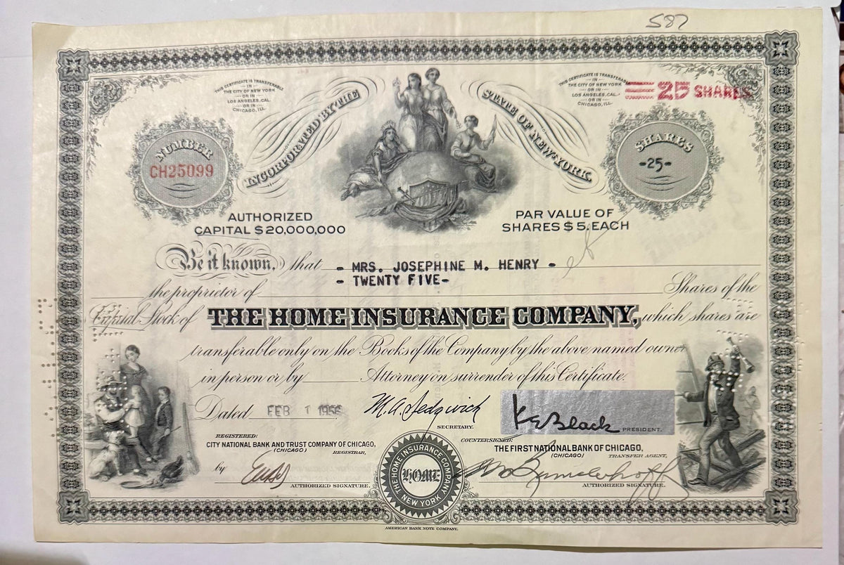 Vintage stock certificate from The Home Insurance Company