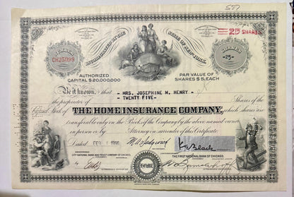 Vintage stock certificate from The Home Insurance Company