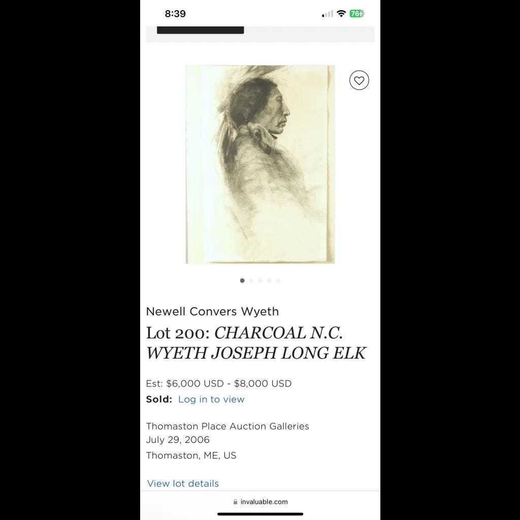 Charcoal portrait sketch of a Native American man in profile facing left, mounted on cream paper in an auction listing.