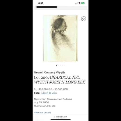 Charcoal portrait sketch of a Native American man in profile facing left, mounted on cream paper in an auction listing.