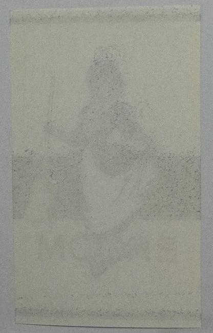 Cream-colored vintage broom label with faded lithographic printing and scattered dark spots, shown flat against gray backgrou