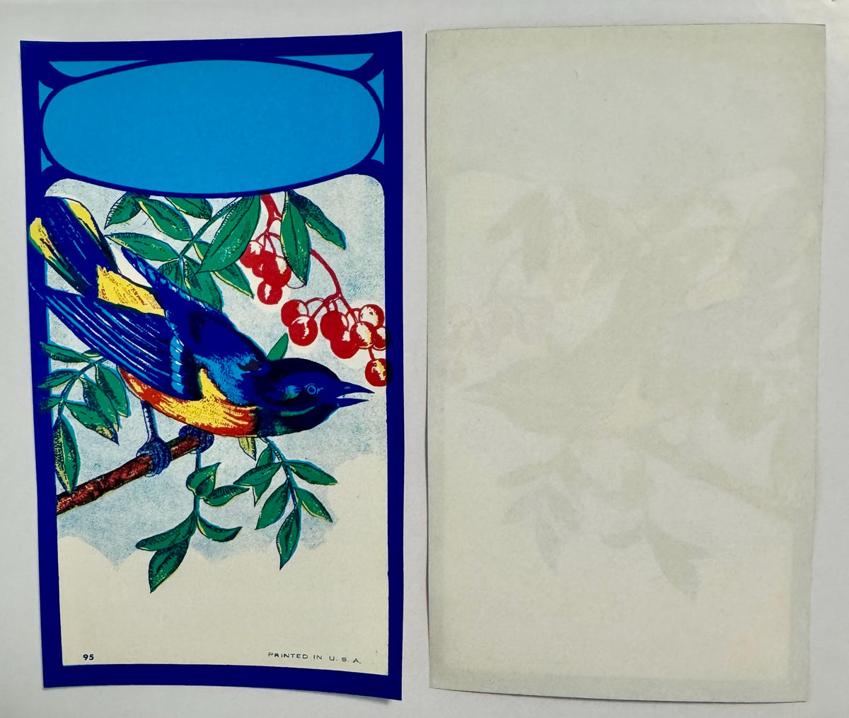 Open vintage broom label with blue border, colorful bluebird on branch with red berries, blank cyan panel at top, printed in 