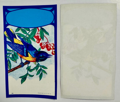 Open vintage broom label with blue border, colorful bluebird on branch with red berries, blank cyan panel at top, printed in 