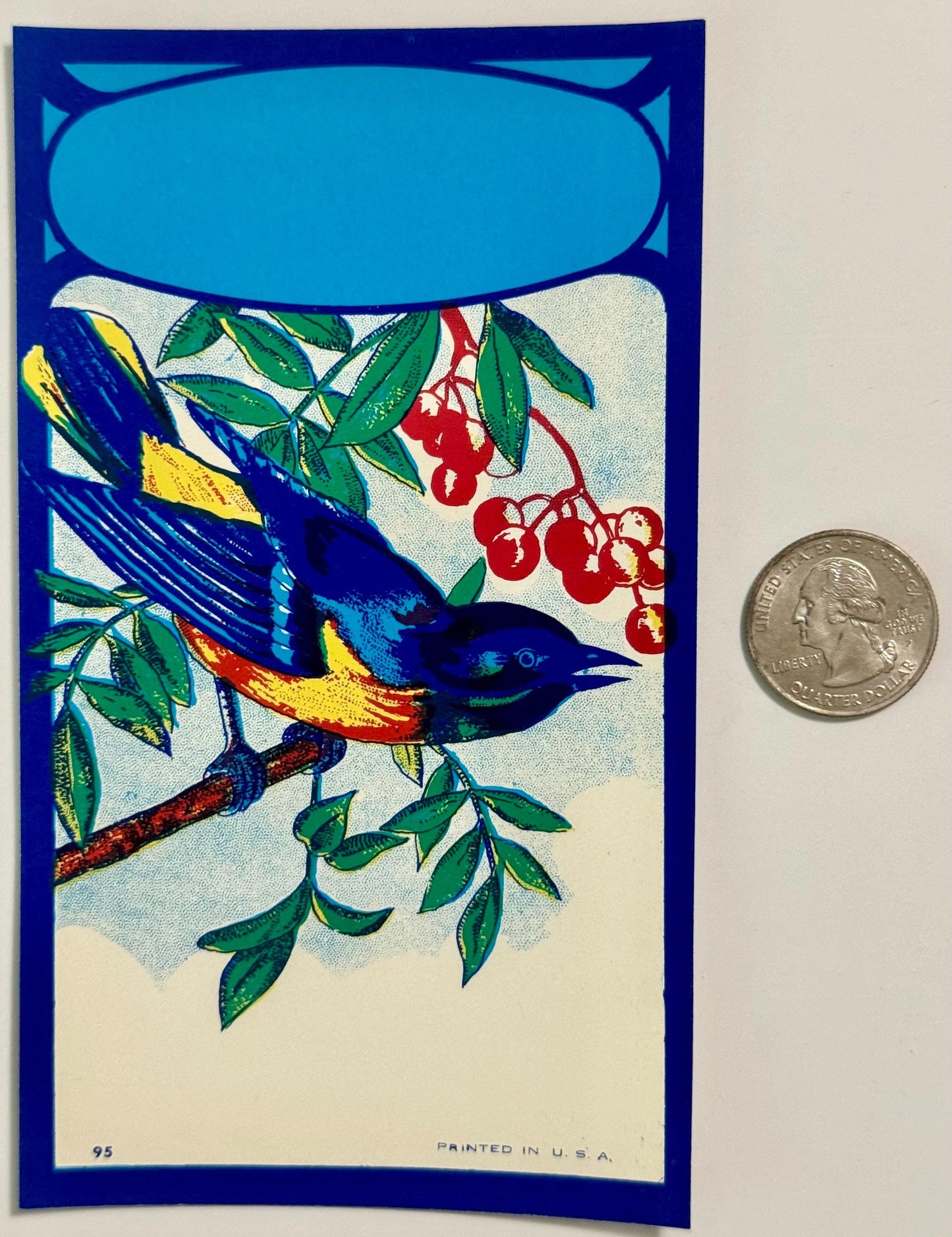 Vintage bluebird broom label with blue border, colorful bird on branch with berries and leaves, blank panel top, quarter coin