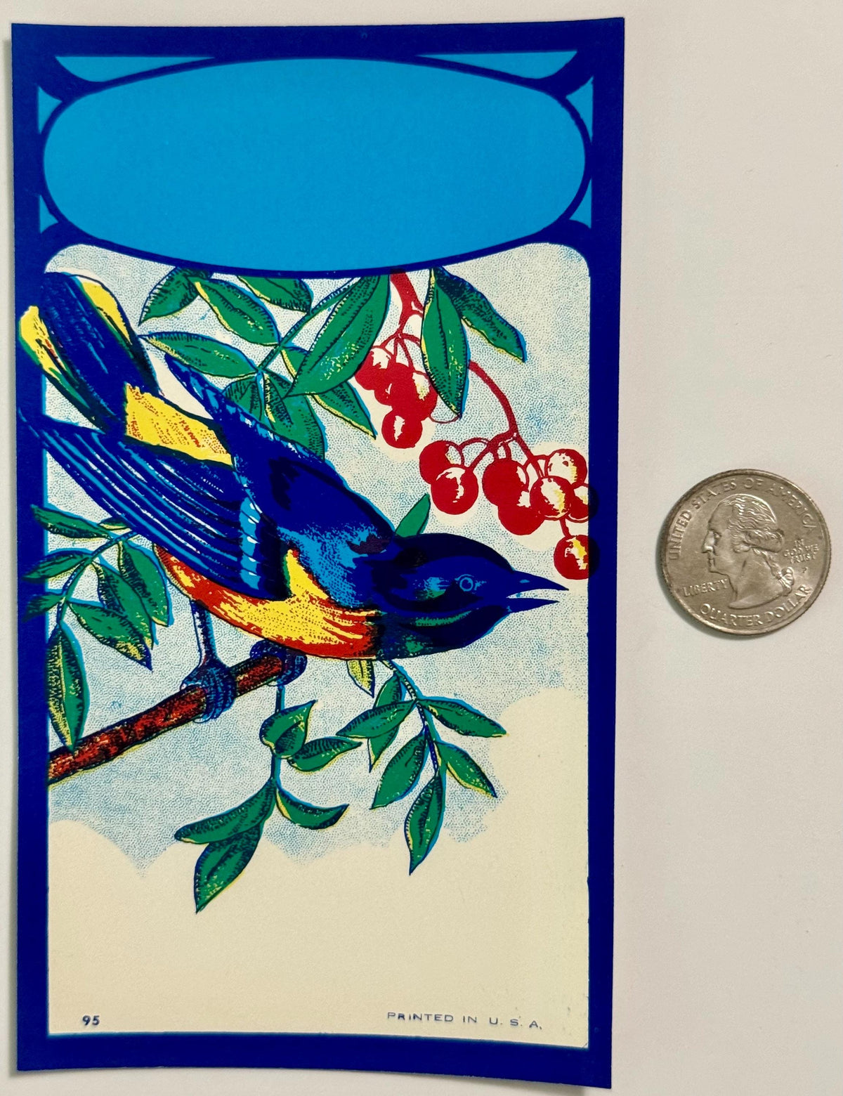 Vintage bluebird broom label with blue border, colorful bird on branch with berries and leaves, blank panel top, quarter coin