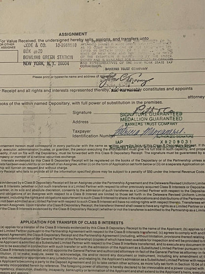 Close view of the Class B receipt's assignment section, with the Signature Guaranteed / Medallion Guaranteed stamp of Bankers Trust Company.