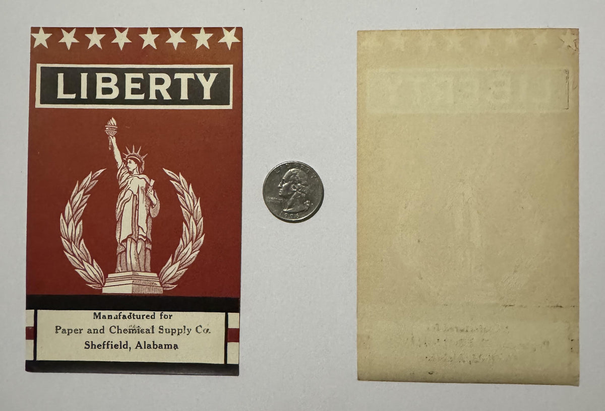 LIBERTY broom label front, a quarter and the blank back laid out together for scale