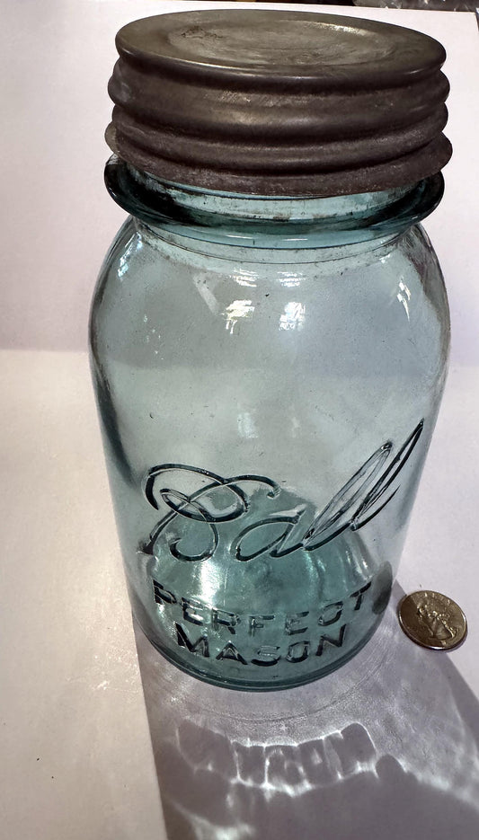 Antique 1920s Ball Perfect Mason jar in aqua Ball blue glass with its Ball zinc screw lid, embossed Ball script over PERFECT MASON