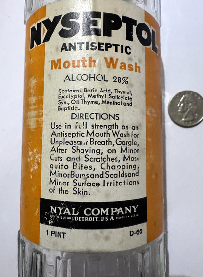Nyseptol label up close: Antiseptic Mouth Wash, Alcohol 28%, the ingredient list, directions and Nyal Company, Distributors, Detroit, U.S.A.
