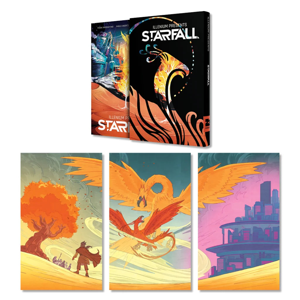Illustrated comic books and art prints featuring Alex Moore artwork from ILLENIUM Starfall