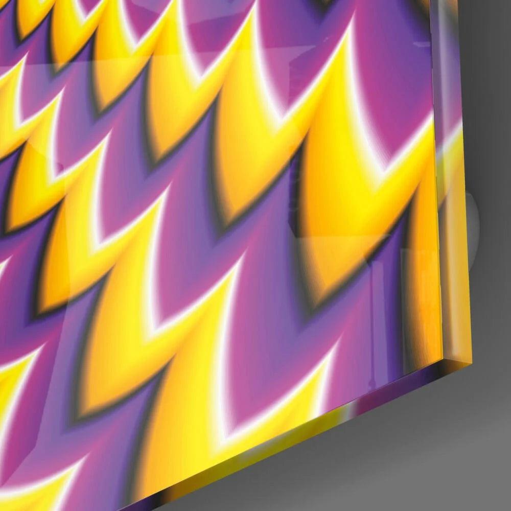 Vibrant yellow purple zigzag glass wall art with glossy finish