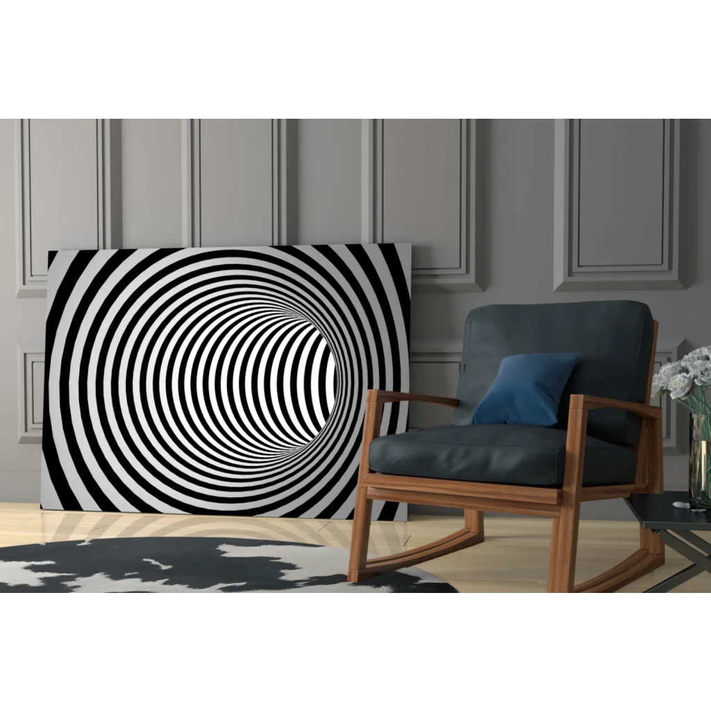 Bold black and white hypnotic spiral tunnel wall art canvas