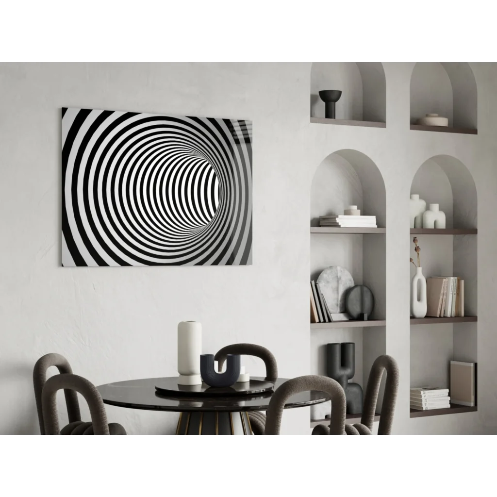 Black and white hypnotic spiral tunnel wall art on wall
