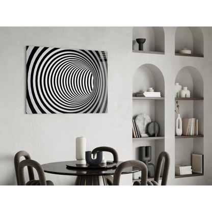 Black and white hypnotic spiral tunnel wall art on wall