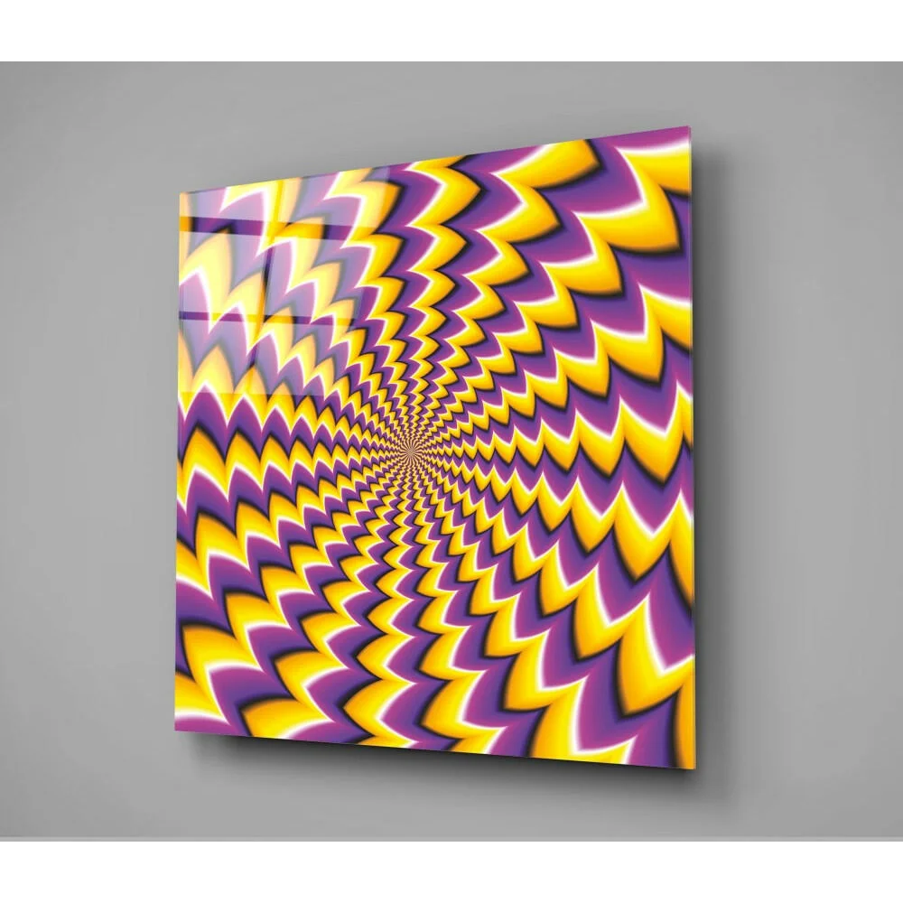 Vibrant yellow and purple zigzag glass wall art optical illusion