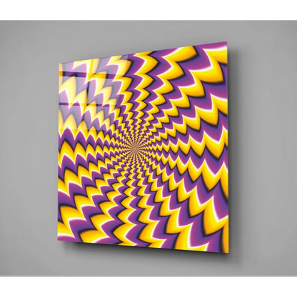 Vibrant yellow and purple zigzag glass wall art optical illusion