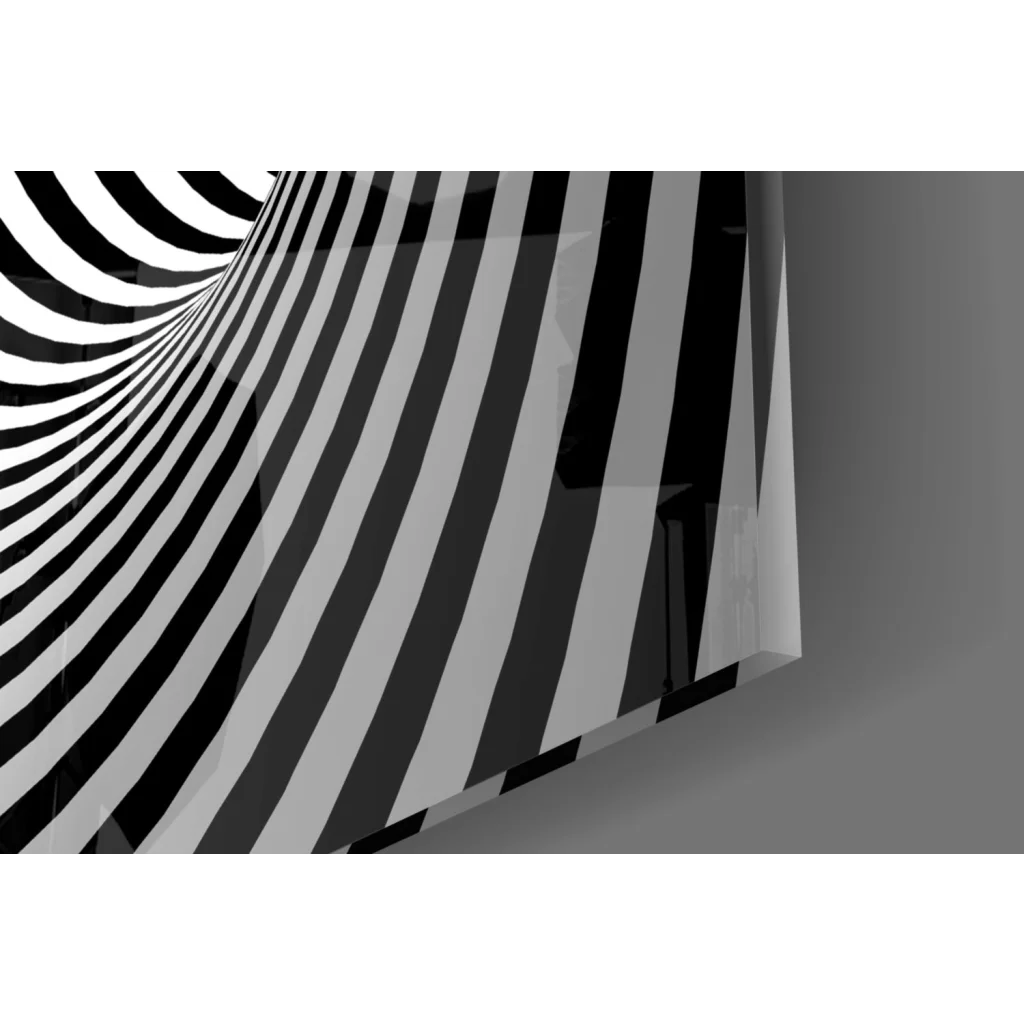Hypnotic spiral tunnel glass wall art with bold black white stripes