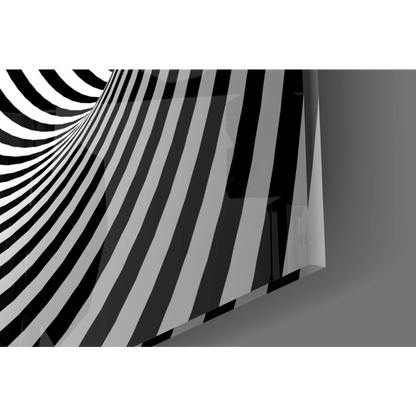 Hypnotic spiral tunnel glass wall art with bold black white stripes