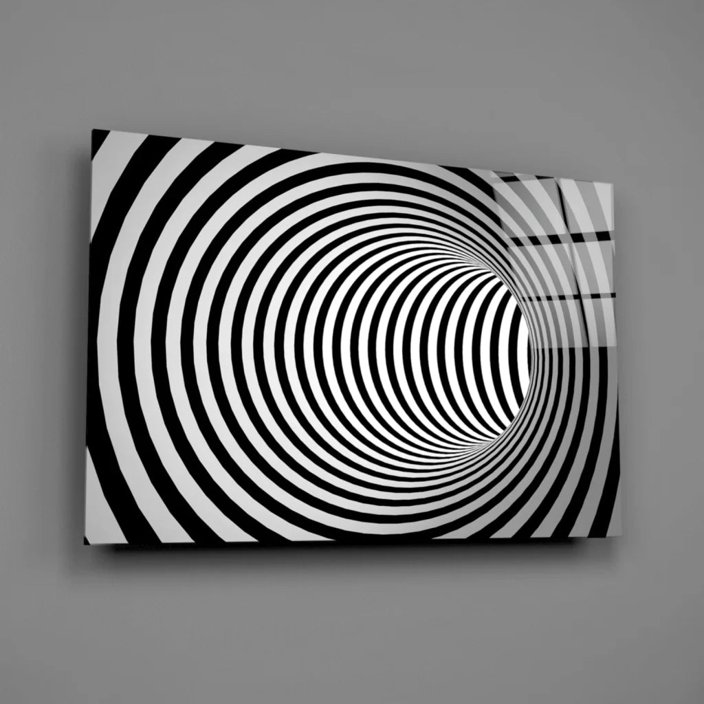 Hypnotic Spiral Tunnel Wall Art in Bold Black and White | Glass Wall Art Print | vintageantiquesgifts.com