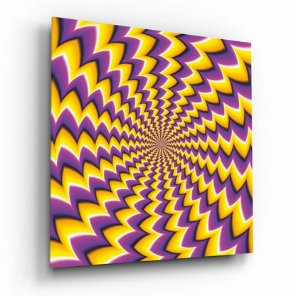 Vibrant yellow purple zigzag optical illusion glass wall art