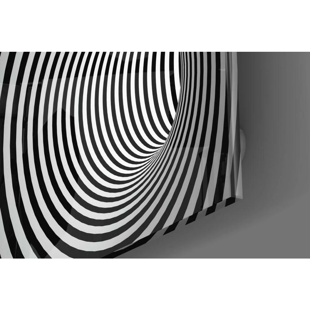 Black and white striped hypnotic spiral glass wall art panel