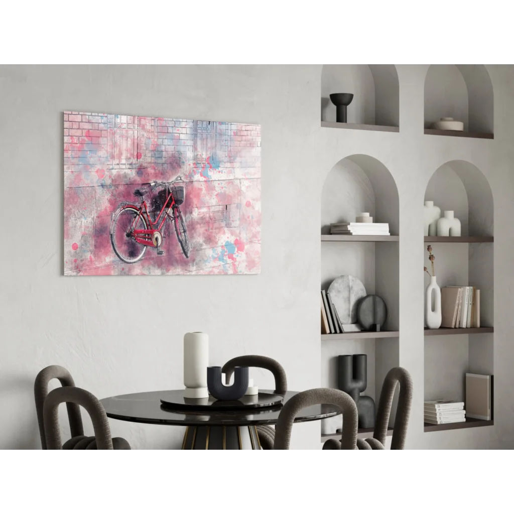 Vibrant red bicycle glass wall art with pink abstract splashes on brick