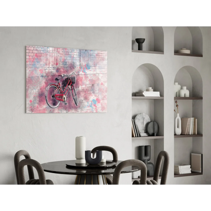 Vibrant red bicycle glass wall art with pink abstract splashes on brick