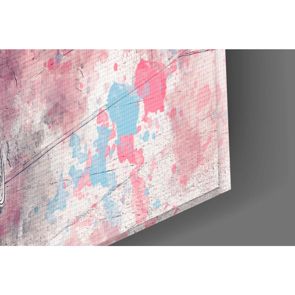 Vibrant red bicycle glass wall art with pink blue abstract splashes