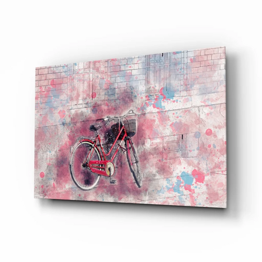 Vibrant red bicycle in watercolor on glass wall art print