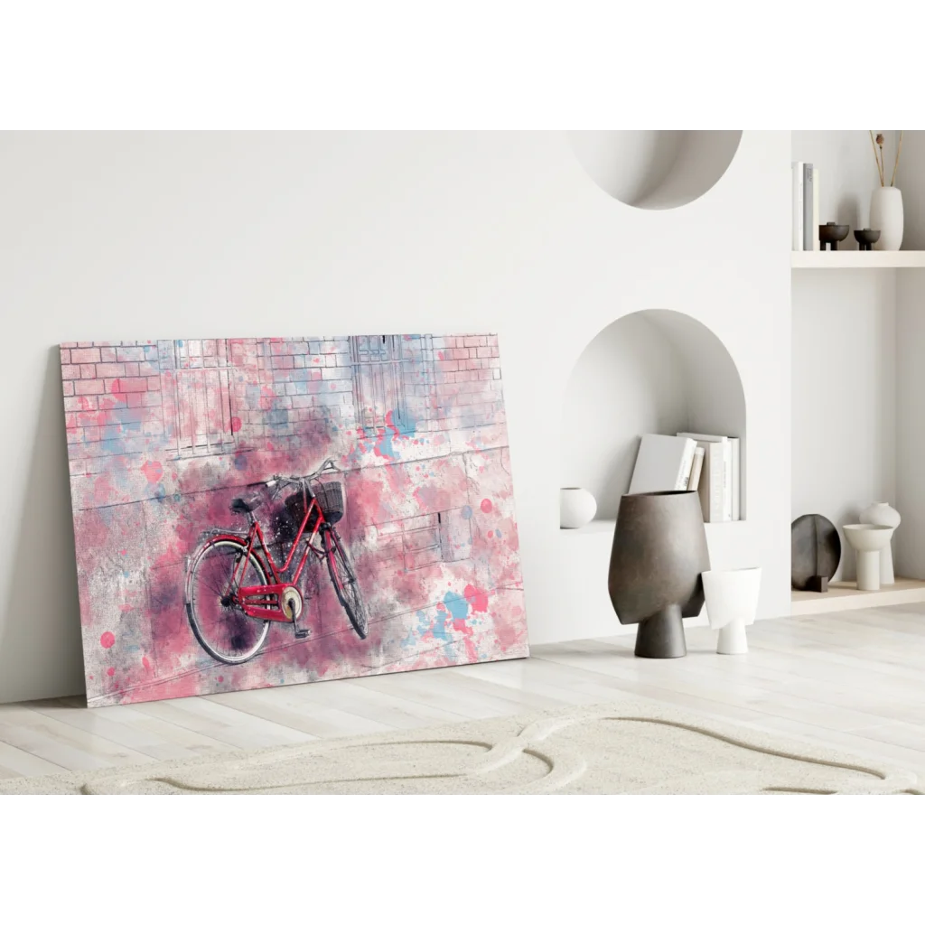 Vibrant red bicycle in pink gray abstract glass wall art print