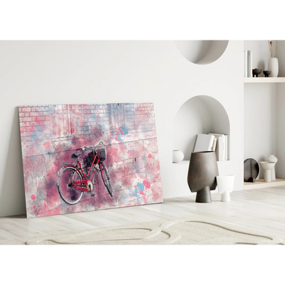 Vibrant red bicycle in pink gray abstract glass wall art print