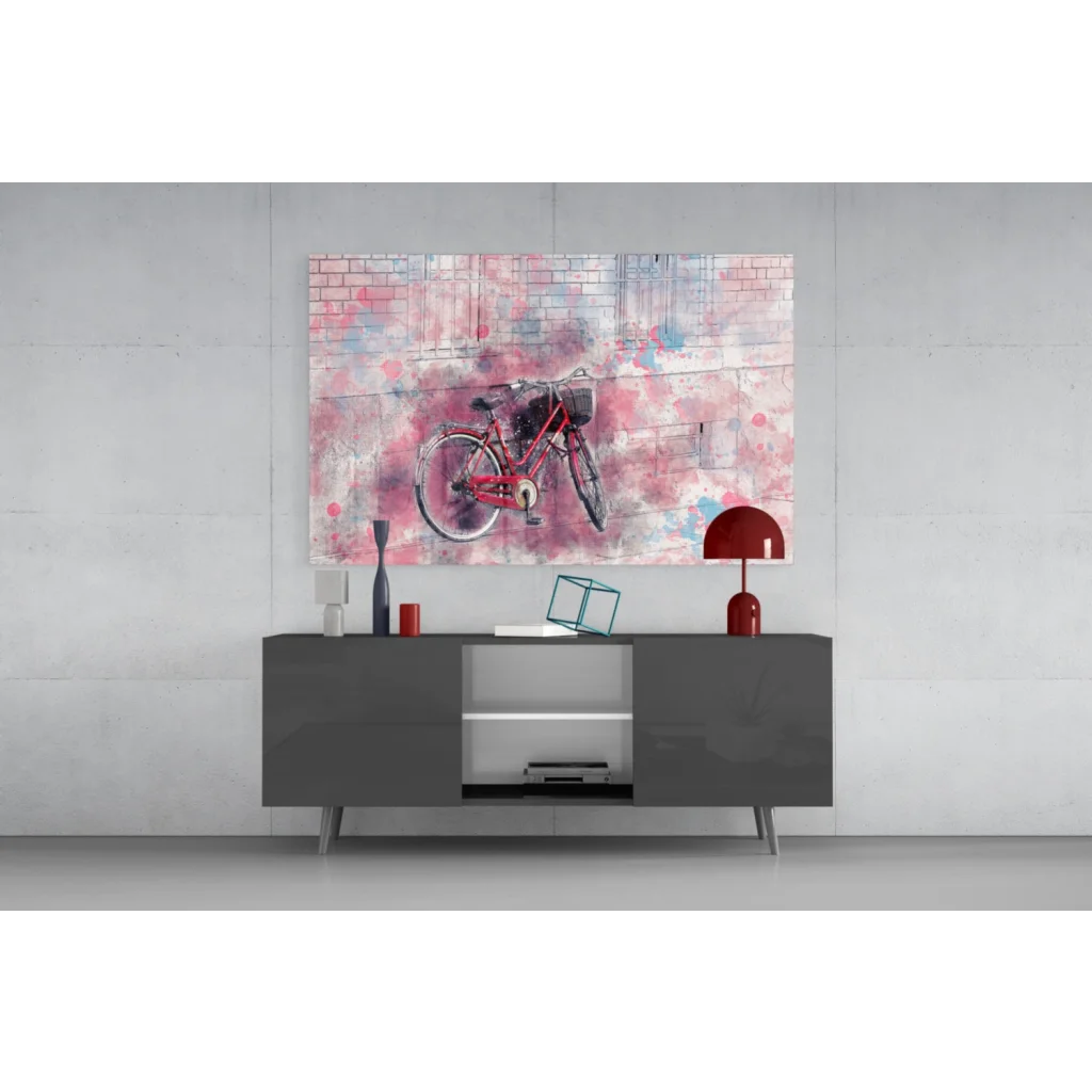 Vibrant red bicycle in abstract glass wall art print on canvas