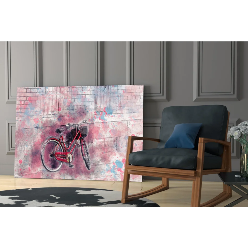 Vibrant red bicycle glass wall art in watercolor style on pink blue wall