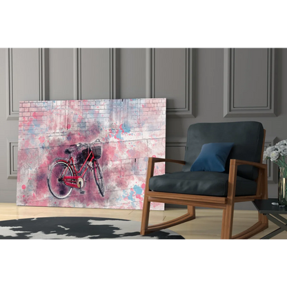 Vibrant red bicycle glass wall art in watercolor style on pink blue wall