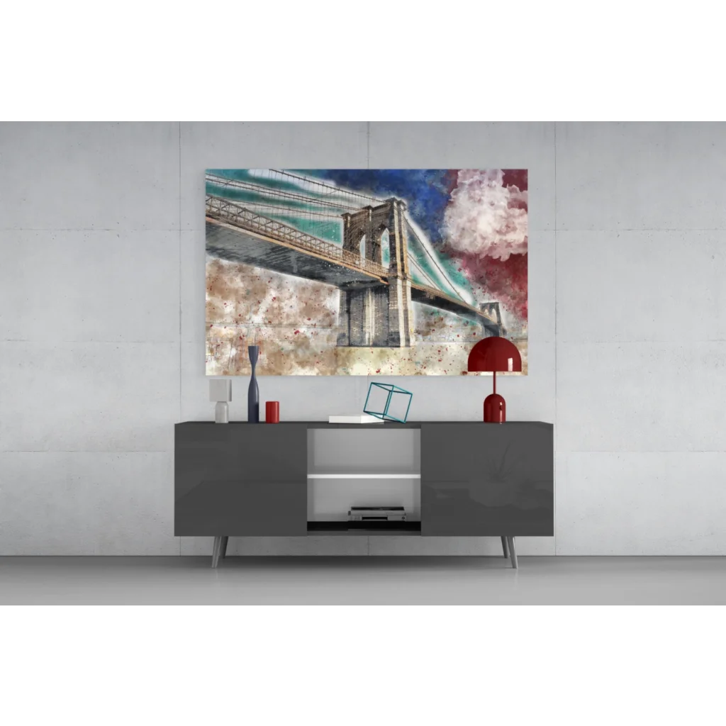 Vibrant Brooklyn Bridge glass wall art canvas print with teal and red splashes