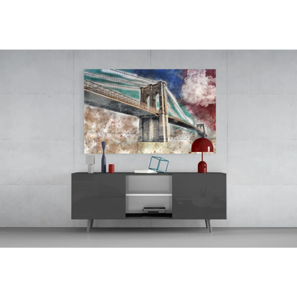 Vibrant Brooklyn Bridge glass wall art canvas print with teal and red splashes
