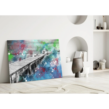Vibrant pier splash canvas wall art with blue green red paint